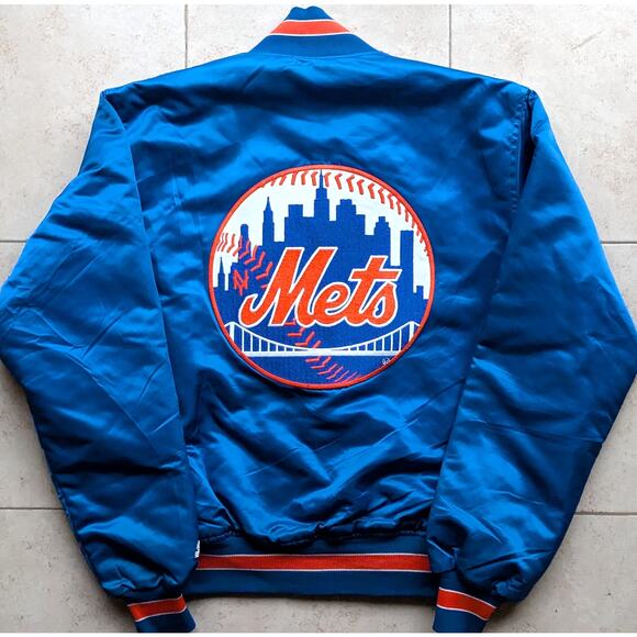 New York Mets 80s STARTER satin bomber BIG LOGO jacket L blue MLB baseball vtg - Picture 1 of 9